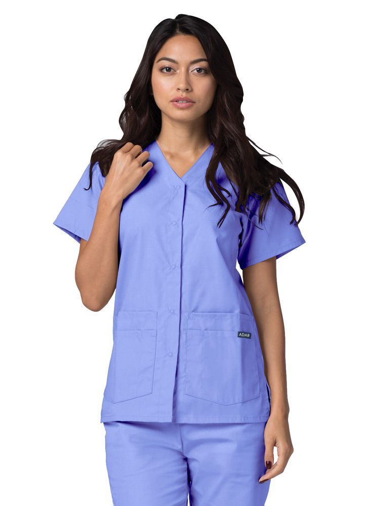 Clearance Adar Universal Double Pocket Snap Front Short Sleeve Scrub Top