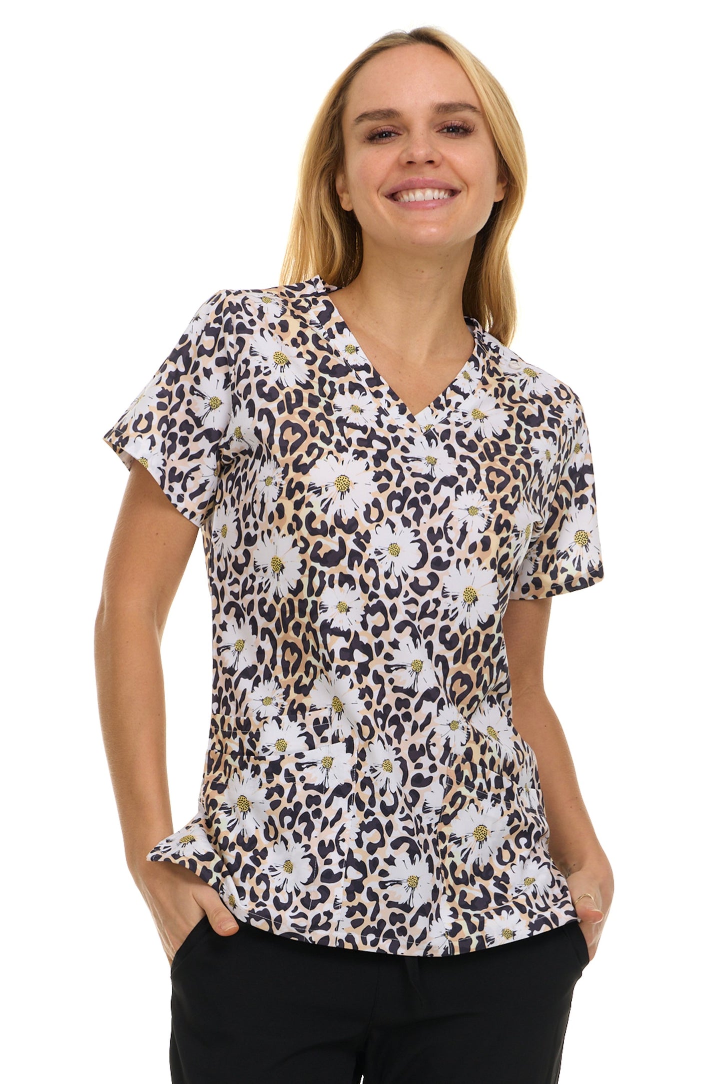 Medichic Kendall Daisy Cheetah Printed V-Neck Scrub Top