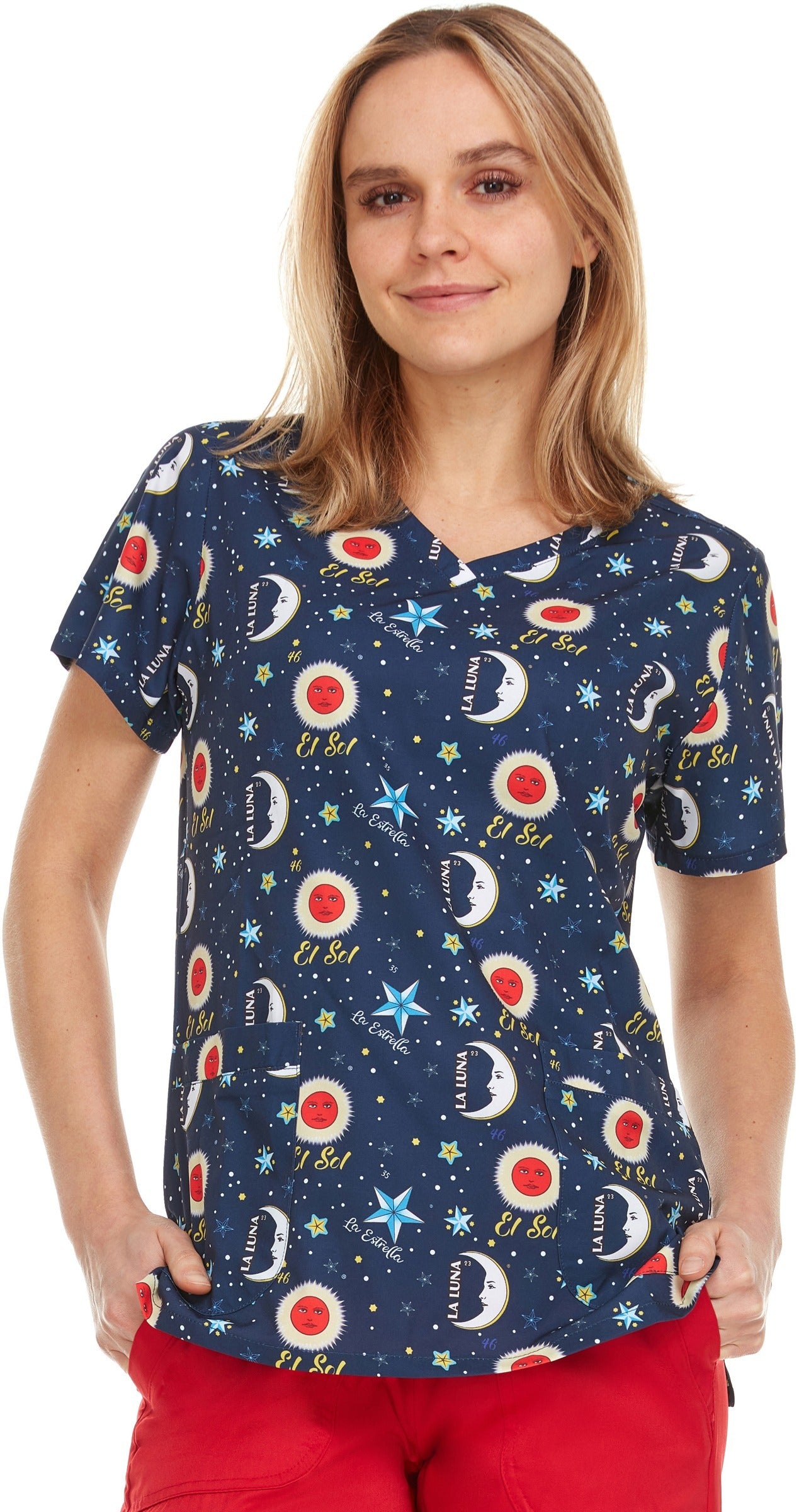 Loteria Don Clemente Isabella La Luna Printed V-Neck Scrub Top
