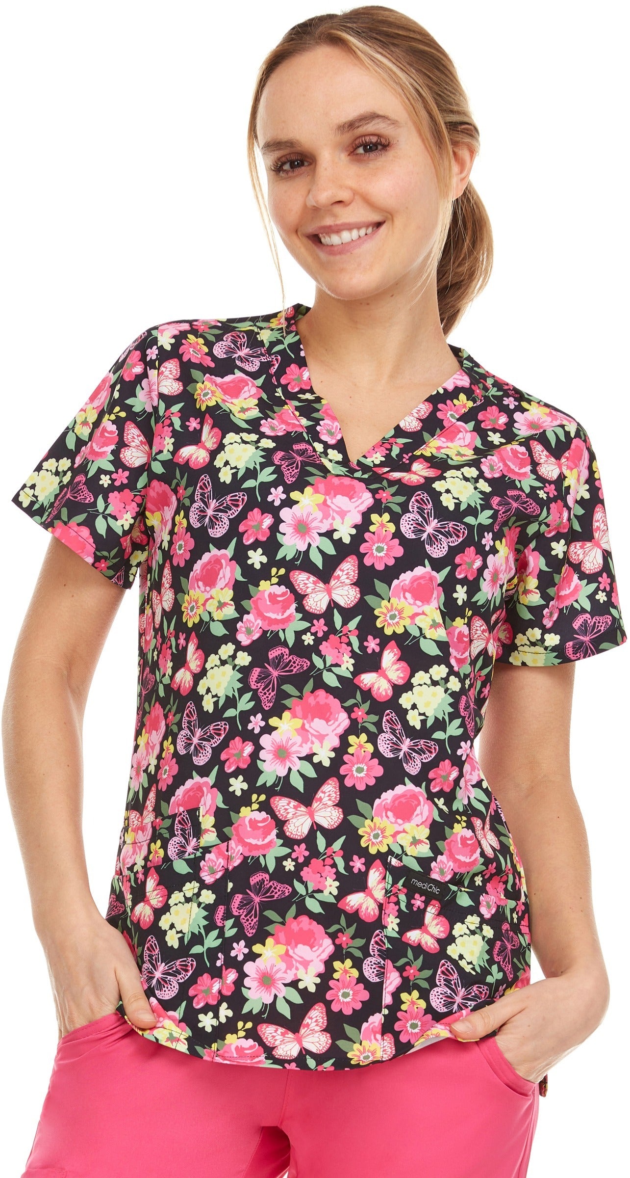 Medichic Naomi Butterfly Floral Printed V-Neck Scrub Top