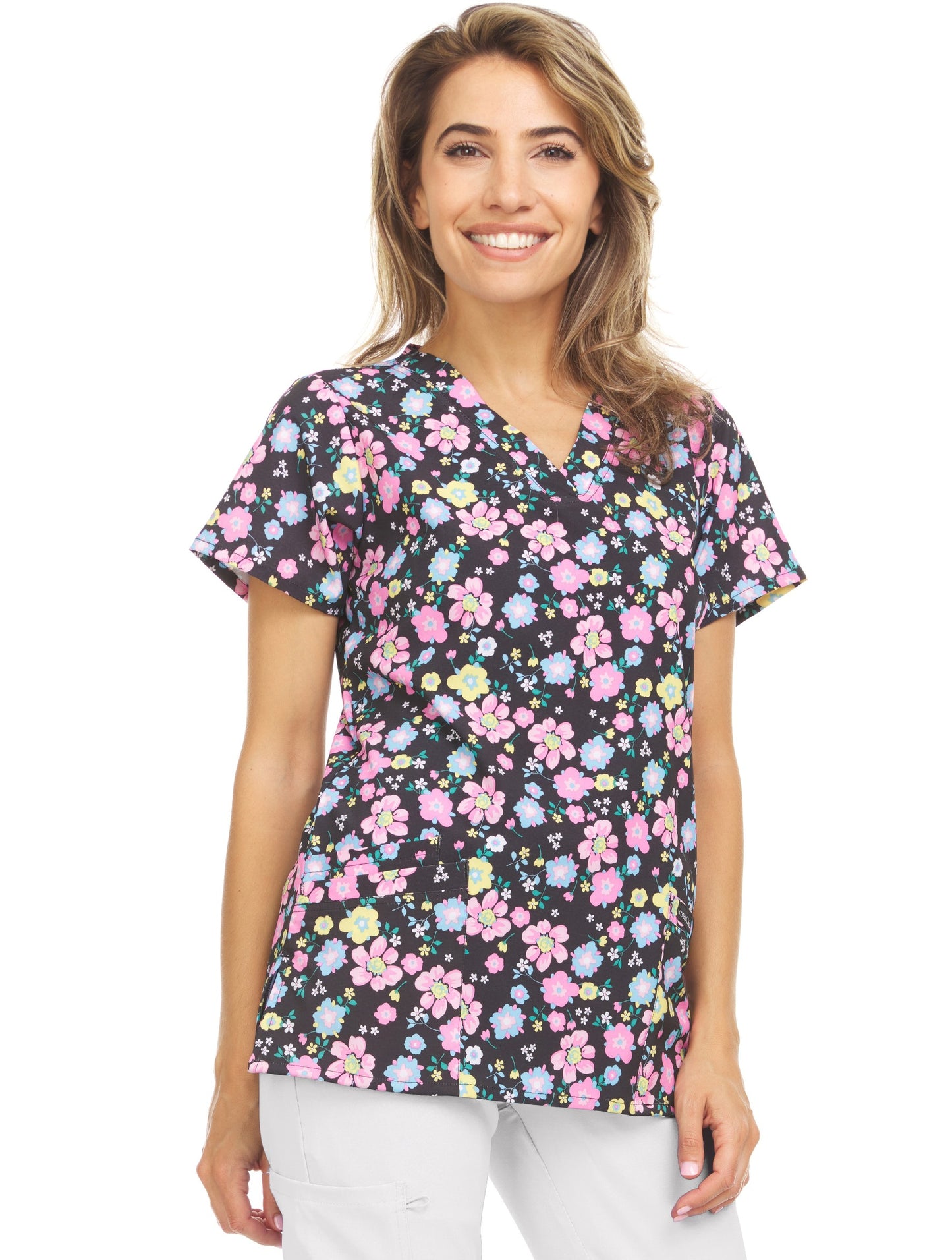 Medichic Naomi Black Floral Printed V-Neck Scrub Top