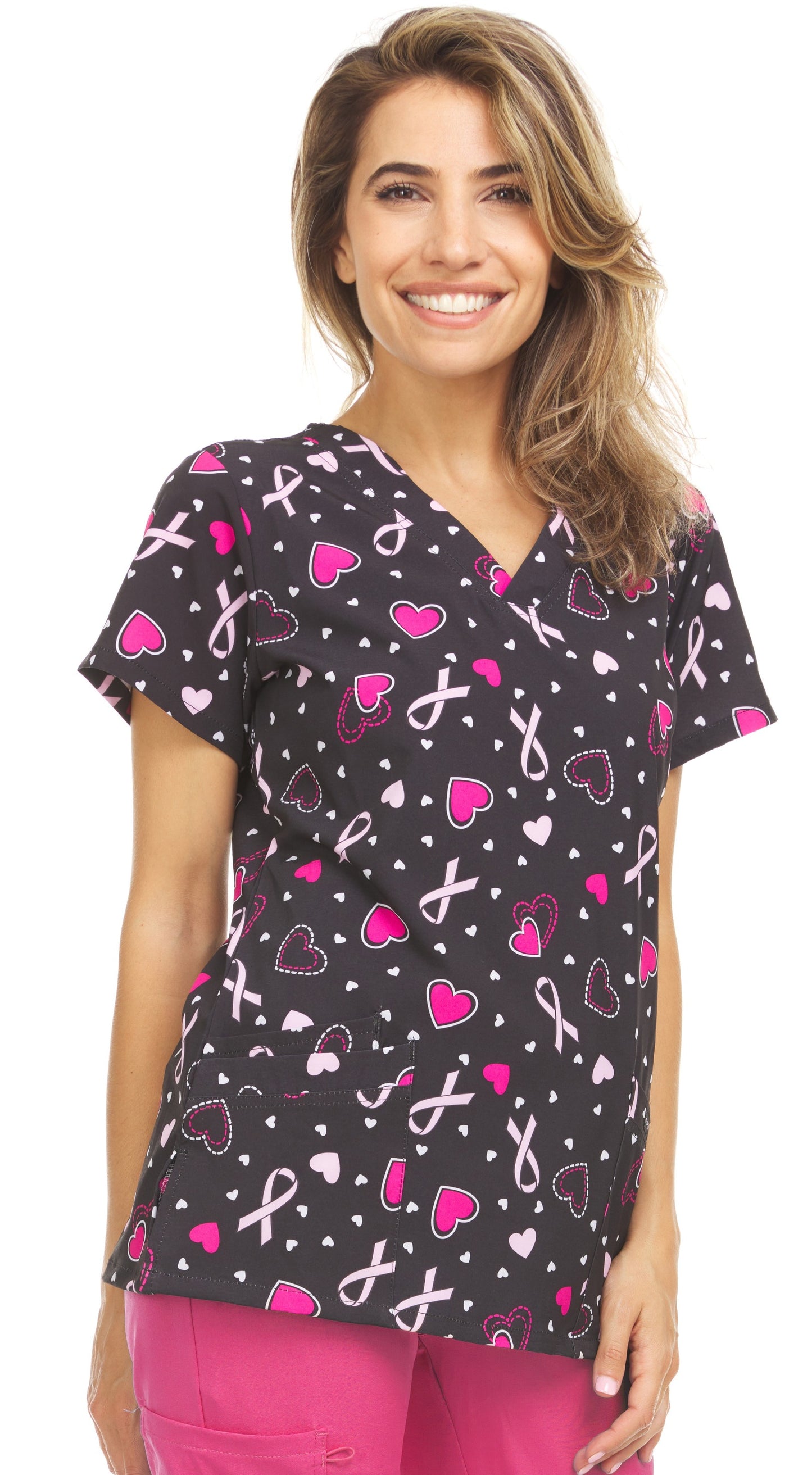Medichic Naomi Hearts and Ribbons Printed V-Neck Scrub Top