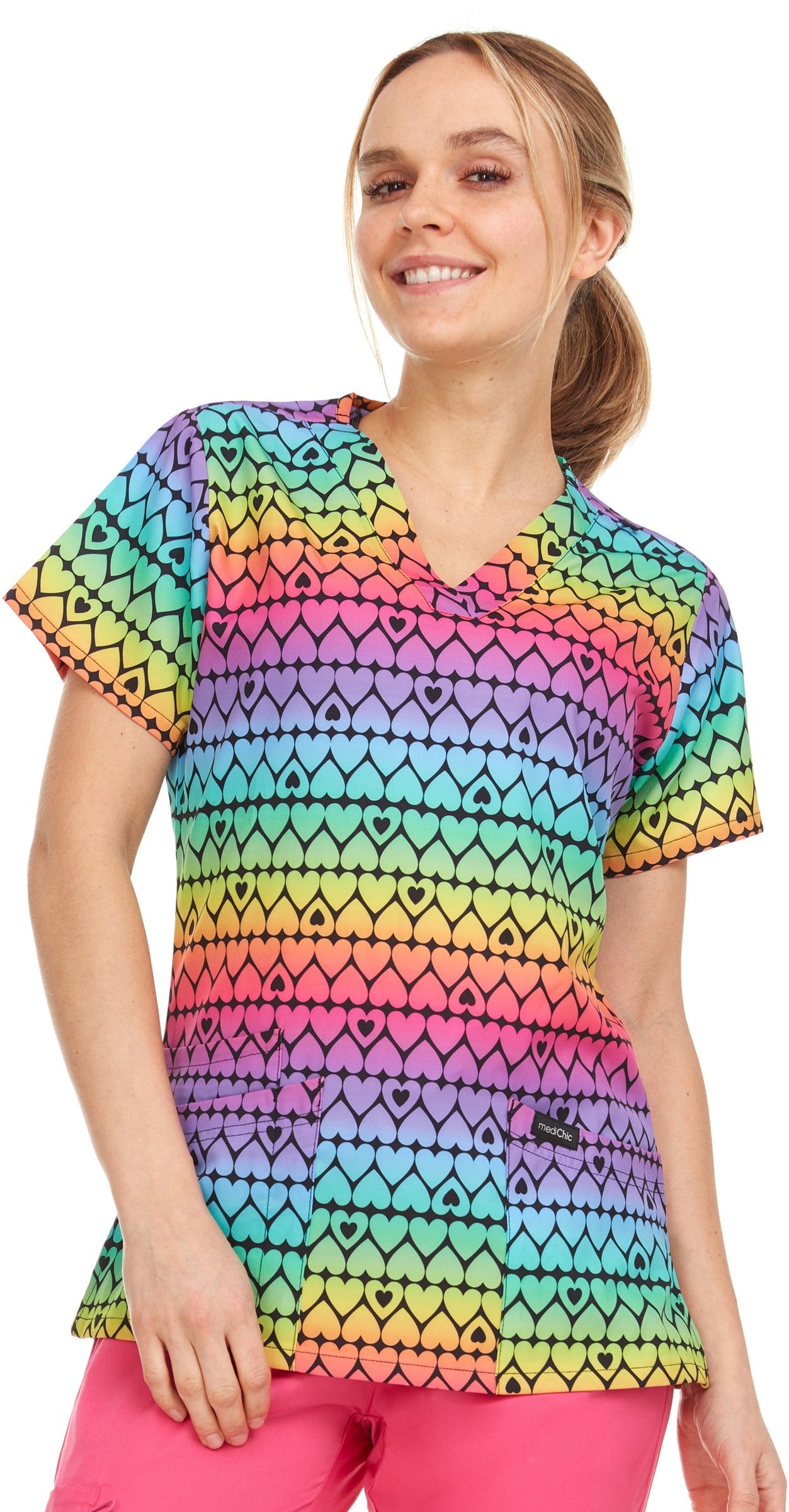 Medichic Naomi Ombre Hearts Printed V-Neck Scrub Top