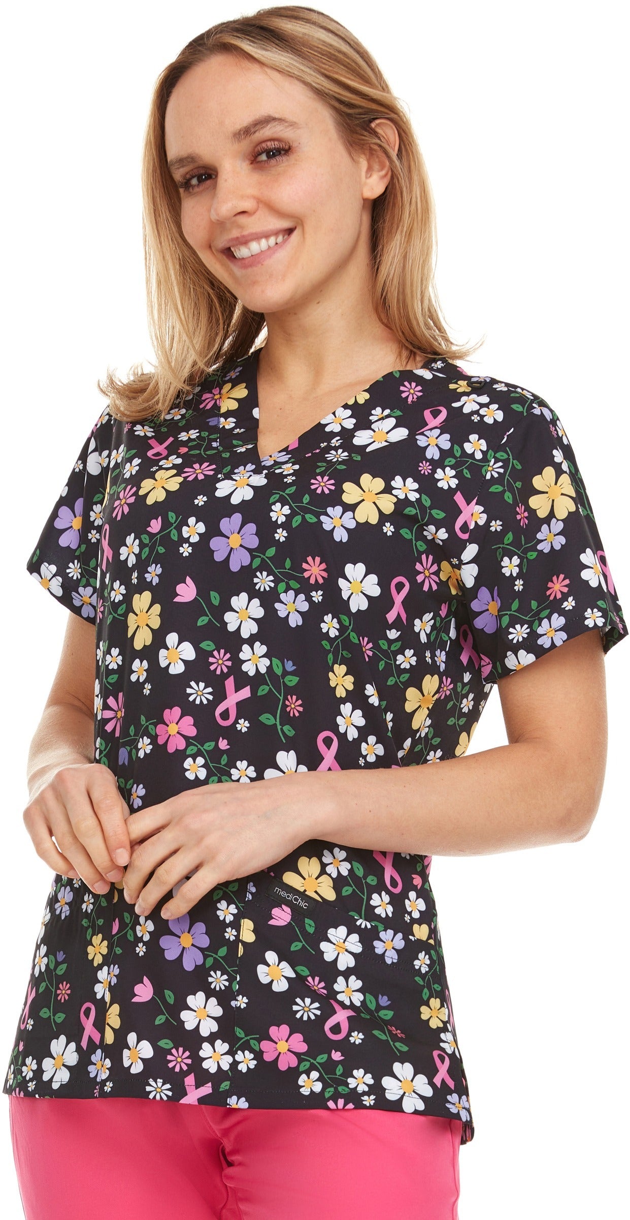 Medichic Naomi Ribbon Flower Printed V-Neck Scrub Top