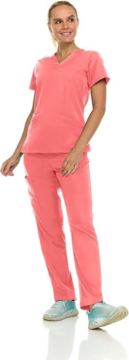 Medichic Eleanor V-Neck Top with Joelle Elastic Drawstring Cargo Pants Scrub Set - Coral