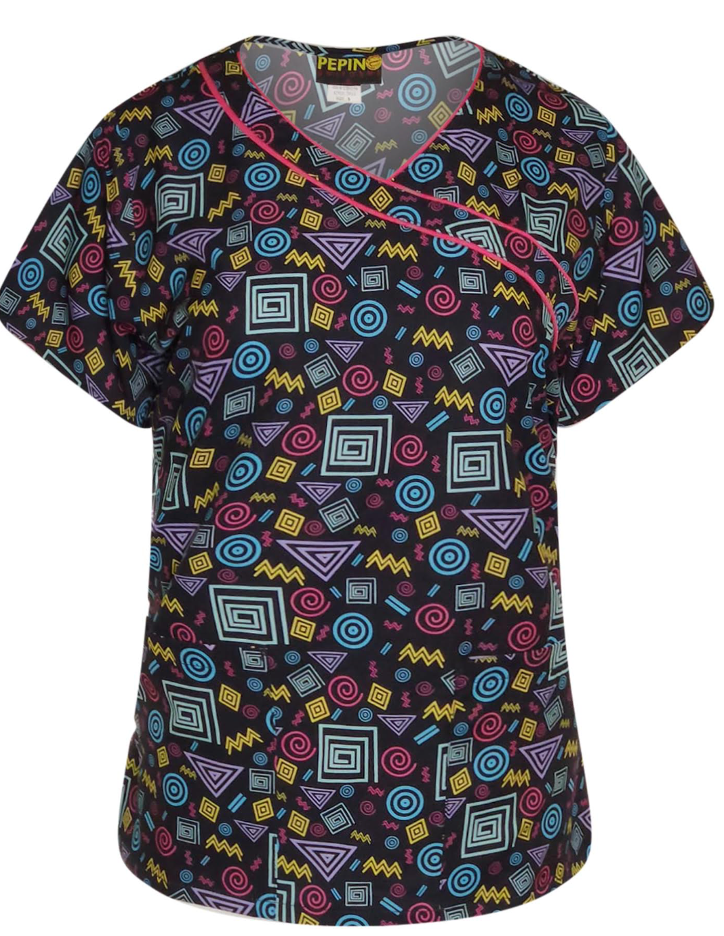 Pepino Uniforms Printed Swirly Pink Trim Mock Wrap Scrub Top
