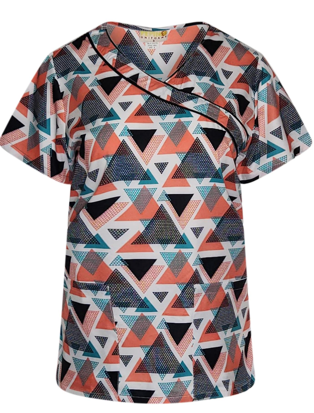 Pepino Uniforms Printed Linked Triangles Black Trim Mock Scrub Top