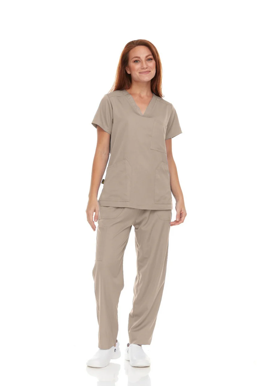 Pepino Medical Scrub Set for Women & Men (Unisex) - V-Neck 3 Pocket Scrub Top & Drawstring Elastic Waist Straight Leg Scrub Pants with Cargo Pocket - Khaki
