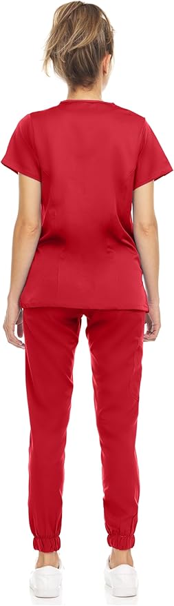 Medichic Eleanor V-Neck Top with Leah Elastic Waist Cargo Jogger Pants Scrub Set - Red