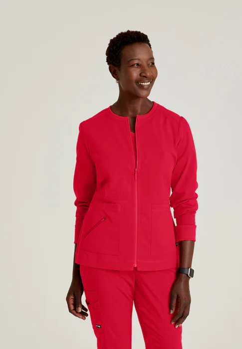 Grey's Anatomy Spandex Stretch Millie 3-Pocket Princess Line Warm-Up Crewneck Scrub Jacket