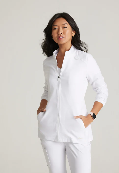 Grey's Anatomy Evolve Stretch Virtue Banded Stand-Up Collar Warm-Up Scrub Jacket