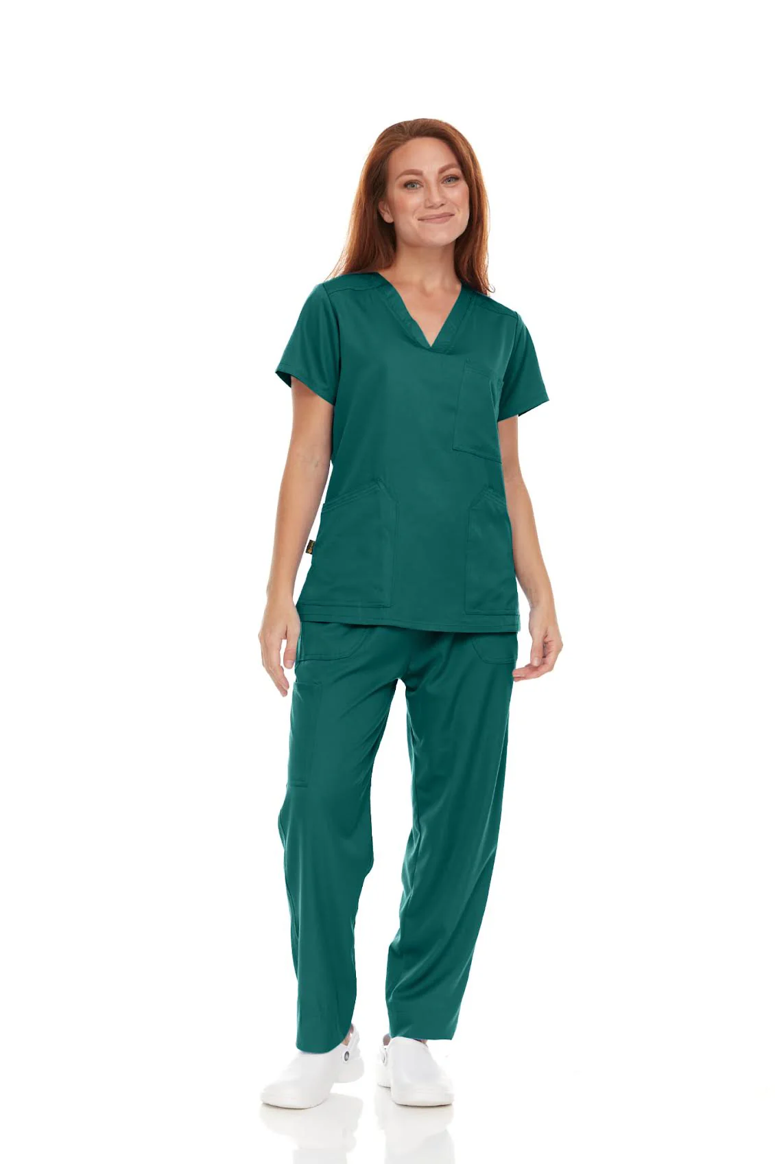 Conjunto médico Pepino para mujer y hombre (unisex): camiseta médica con cuello en V y 3 bolsillos, pantalón médico recto con cintura elástica y cordón ajustable y bolsillo cargo, color verde cazador.