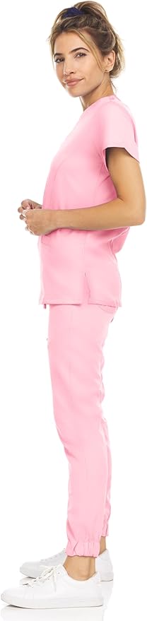 Medichic Eleanor V-Neck Top with Leah Elastic Waist Cargo Jogger Pants Scrub Set - Bubblegum