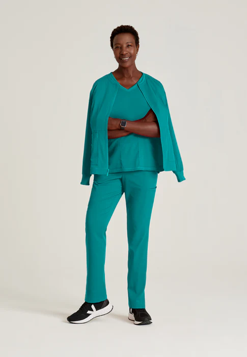 Grey's Anatomy Spandex Stretch Millie 3-Pocket Princess Line Warm-Up Crewneck Scrub Jacket