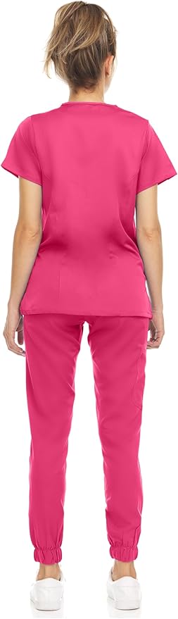 Medichic Eleanor V-Neck Top with Leah Elastic Waist Cargo Jogger Pants Scrub Set -Shocking Pink