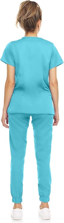 Medichic Eleanor V-Neck Top with Leah Elastic Waist Cargo Jogger Pants Scrub Set - Turquoise