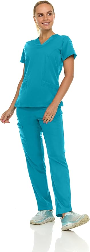 Medichic Eleanor V-Neck Top with Tall Joelle Elastic Drawstring Cargo Pants Scrub Set - Teal