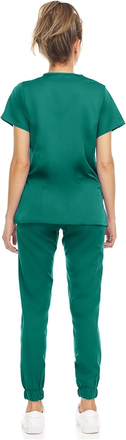 Medichic Eleanor V-Neck Top with Leah Elastic Waist Cargo Jogger Pants Scrub Set - Hunter Green