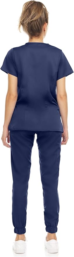 Medichic Eleanor V-Neck Top with Leah Elastic Waist Cargo Jogger Pants Scrub Set - Navy Blue