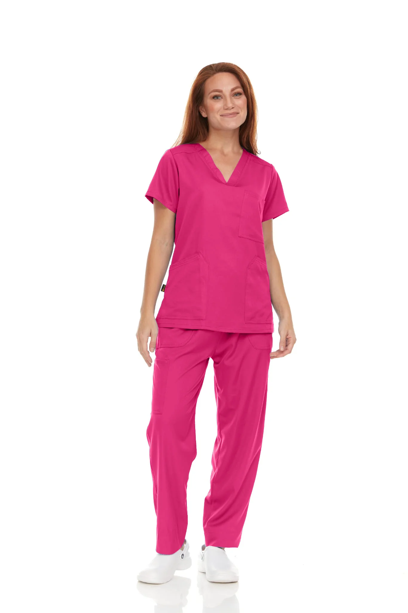 Pepino Medical Scrub Set for Women & Men (Unisex) - V-Neck 3 Pocket Scrub Top & Drawstring Elastic Waist Straight Leg Scrub Pants with Cargo Pocket - Fuchsia