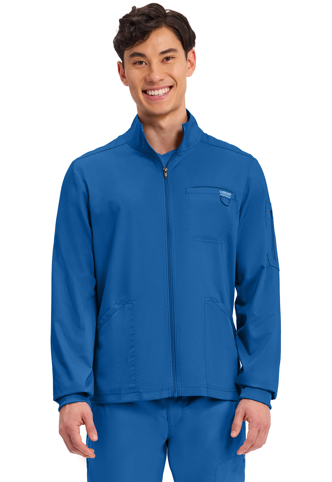 Cherokee Workwear Revolution Mens Zip Front Scrub Jacket with NYC Health + Hospitals | Nursing Logo