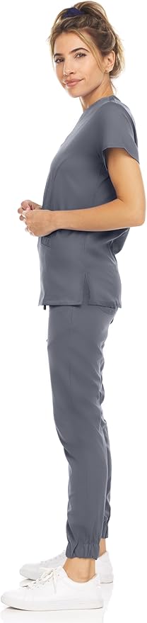 Medichic Eleanor V-Neck Top with Leah Elastic Waist Cargo Jogger Pants Scrub Set - Pewter Grey