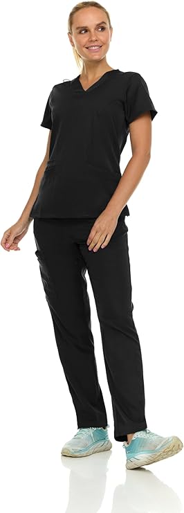 Medichic Eleanor V-Neck Top with Joelle Elastic Drawstring Cargo Pants Scrub Set - Black