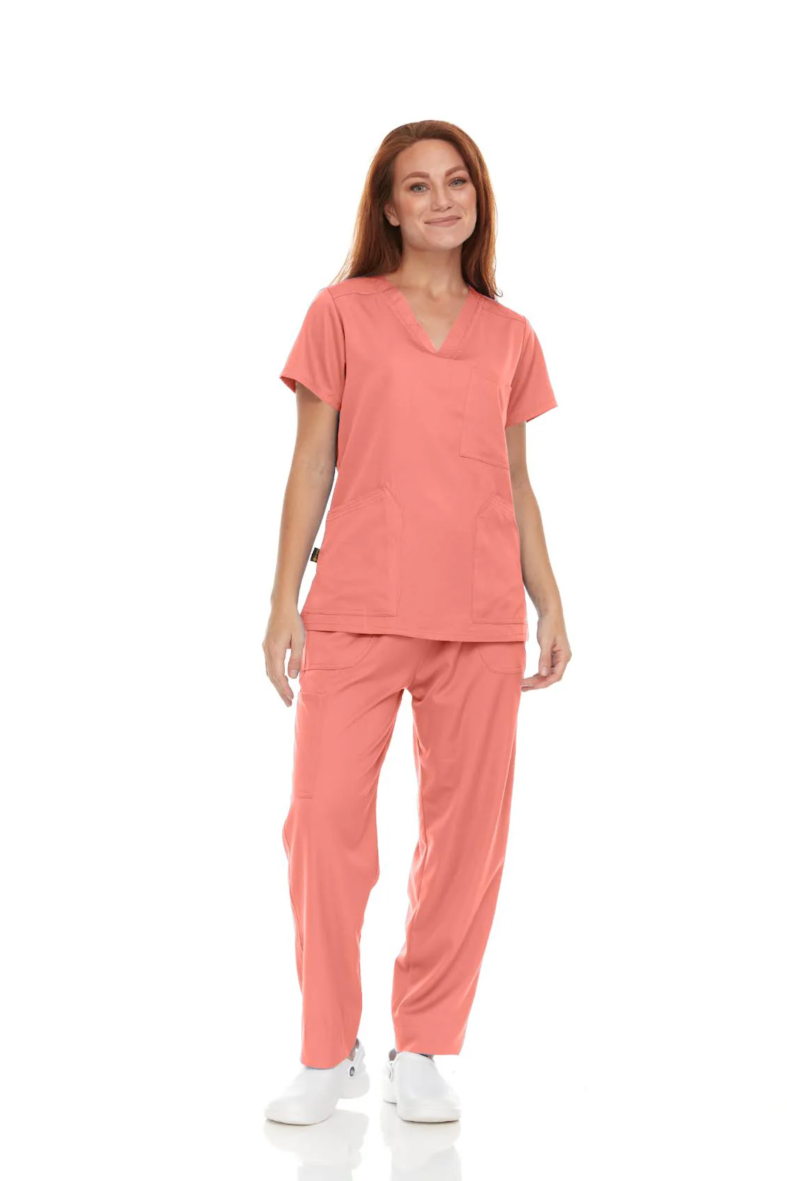 Pepino Medical Scrub Set for Women & Men (Unisex) - V-Neck 3 Pocket Scrub Top & Drawstring Elastic Waist Straight Leg Scrub Pants with Cargo Pocket - Coral