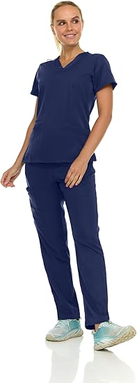Medichic Eleanor V-Neck Top with Joelle Elastic Drawstring Cargo Pants Scrub Set - Navy Blue