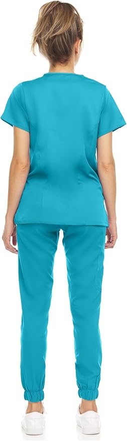 Medichic Eleanor V-Neck Top with Leah Elastic Waist Cargo Jogger Pants Scrub Set - Teal