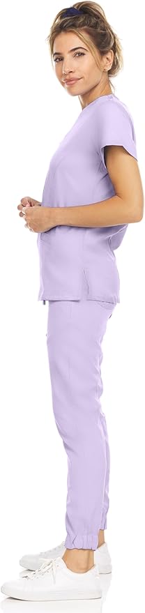Medichic Eleanor V-Neck Top with Leah Elastic Waist Cargo Jogger Pants Scrub Set - Lavender