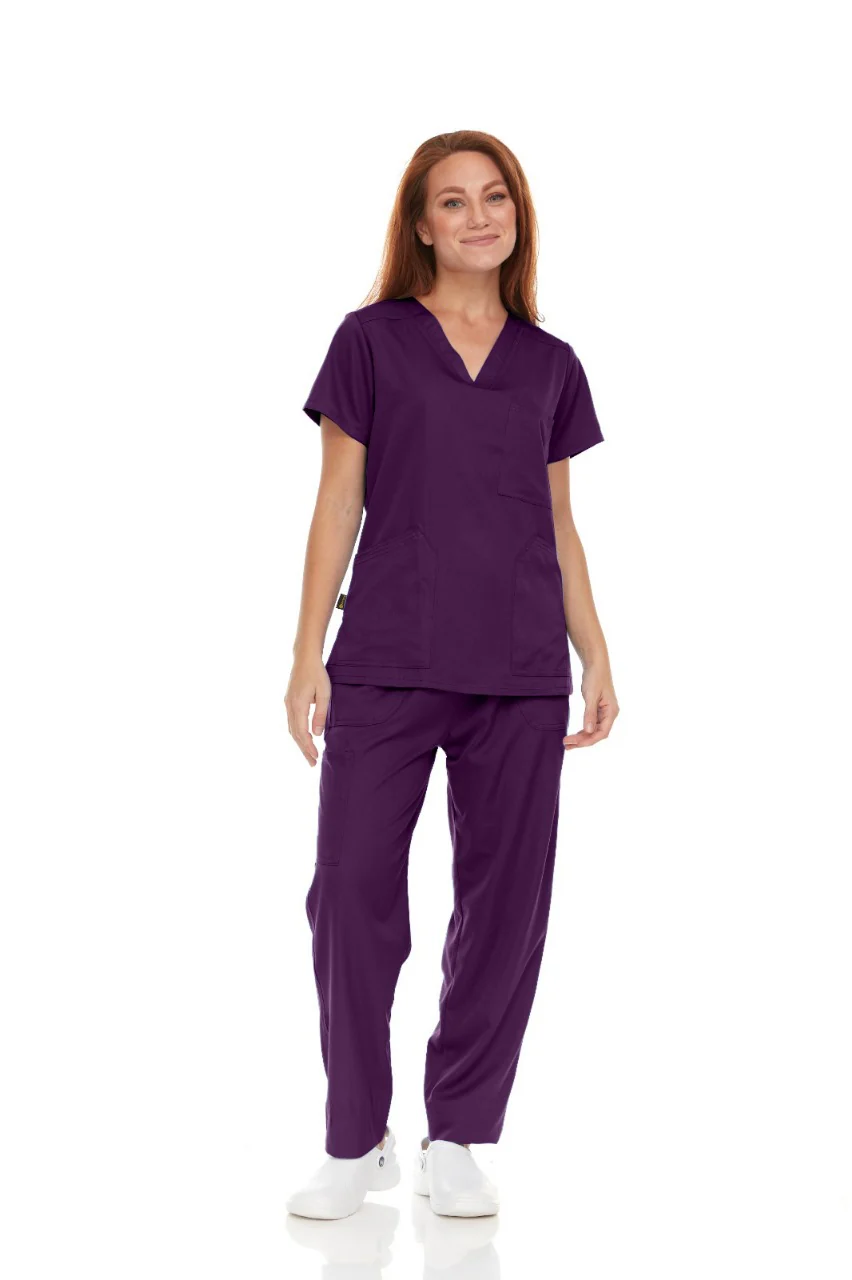 Pepino Medical Scrub Set for Women & Men (Unisex) - V-Neck 3 Pocket Scrub Top & Drawstring Elastic Waist Straight Leg Scrub Pants with Cargo Pocket - Eggplant