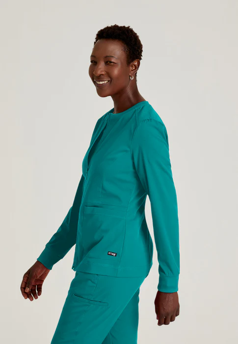 Grey's Anatomy Spandex Stretch Millie 3-Pocket Princess Line Warm-Up Crewneck Scrub Jacket