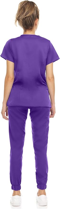 Medichic Eleanor V-Neck Top with Leah Elastic Waist Cargo Jogger Pants Scrub Set - Grape