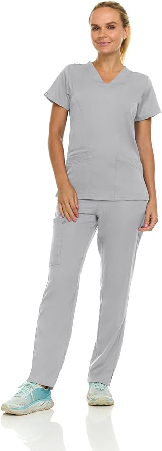 Medichic Eleanor V-Neck Top with Joelle Elastic Drawstring Cargo Pants Scrub Set - Silver Grey
