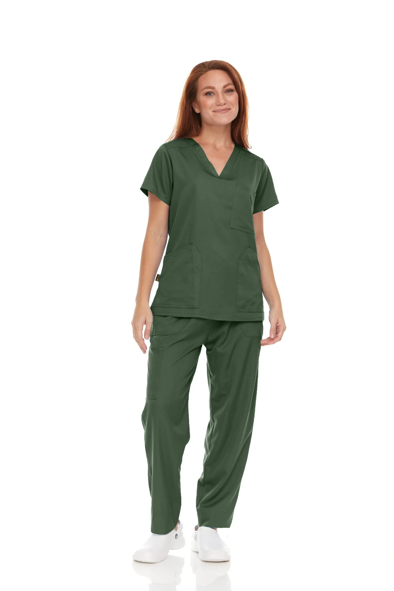 Pepino Medical Scrub Set for Women & Men (Unisex) - V-Neck 3 Pocket Scrub Top & Drawstring Elastic Waist Straight Leg Scrub Pants with Cargo Pocket - Olive Green