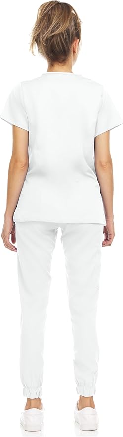 Medichic Eleanor V-Neck Top with Leah Elastic Waist Cargo Jogger Pants Scrub Set - White