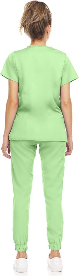 Medichic Eleanor V-Neck Top with Leah Elastic Waist Cargo Jogger Pants Scrub Set - Green Apple