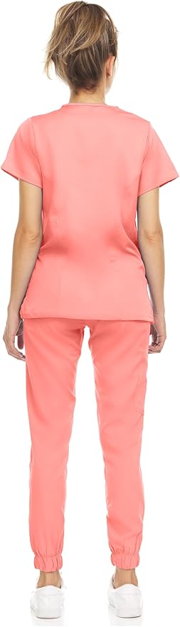 Medichic Eleanor V-Neck Top with Leah Elastic Waist Cargo Jogger Pants Scrub Set - Coral