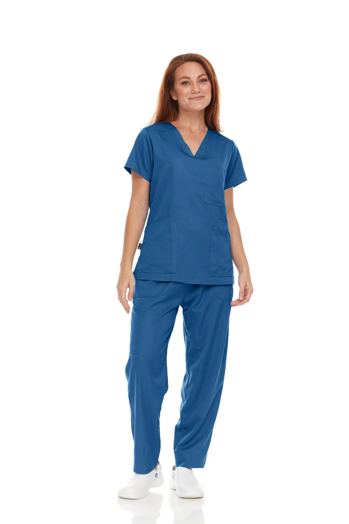 Conjunto médico Pepino para mujer y hombre (unisex): camiseta médica con cuello en V y 3 bolsillos, pantalón médico recto con cintura elástica y cordón ajustable y bolsillo cargo, color azul caribeño.