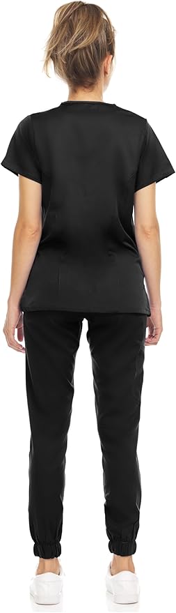 Medichic Eleanor V-Neck Top with Leah Elastic Waist Cargo Jogger Pants Scrub Set - Black