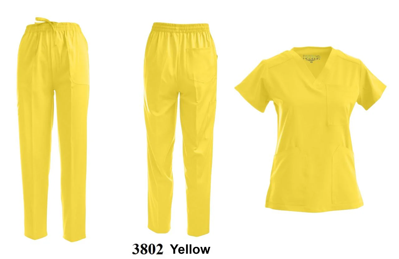 Pepino Medical Scrub Set for Women & Men (Unisex) - V-Neck 3 Pocket Scrub Top & Drawstring Elastic Waist Straight Leg Scrub Pants with Cargo Pocket - Yellow