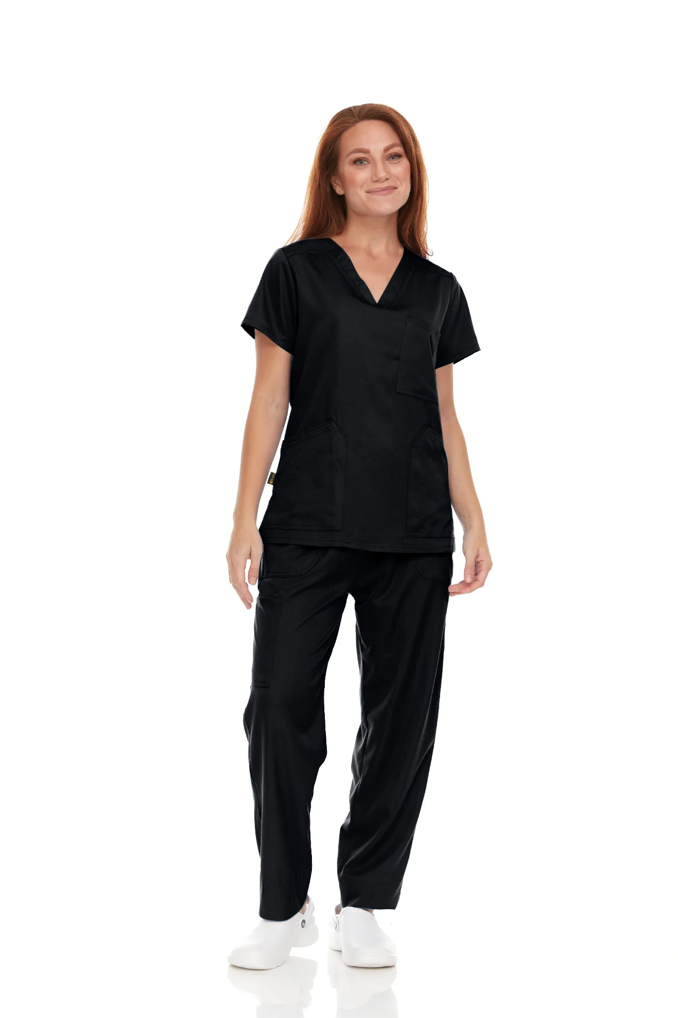 Conjunto médico Pepino para mujer y hombre (unisex): camiseta médica con cuello en V y 3 bolsillos, pantalón médico recto con cintura elástica y cordón ajustable y bolsillo cargo, color negro.