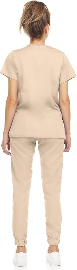 Medichic Eleanor V-Neck Top with Leah Elastic Waist Cargo Jogger Pants Scrub Set - Khaki