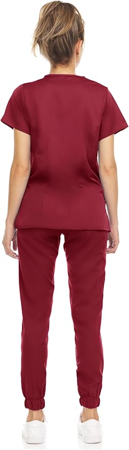 Medichic Eleanor V-Neck Top with Leah Elastic Waist Cargo Jogger Pants Scrub Set - Wine