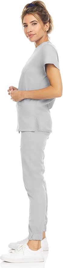 Medichic Eleanor V-Neck Top with Leah Elastic Waist Cargo Jogger Pants Scrub Set - Silver Grey