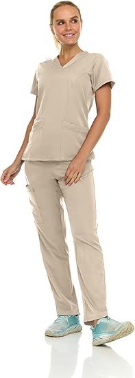 Medichic Eleanor V-Neck Top with Joelle Elastic Drawstring Cargo Pants Scrub Set - Khaki