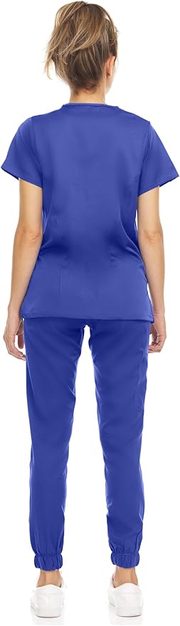 Medichic Eleanor V-Neck Top with Leah Elastic Waist Cargo Jogger Pants Scrub Set - Galaxy Blue