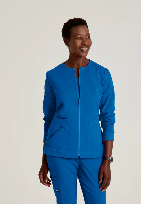 Grey's Anatomy Spandex Stretch Millie 3-Pocket Princess Line Warm-Up Crewneck Scrub Jacket