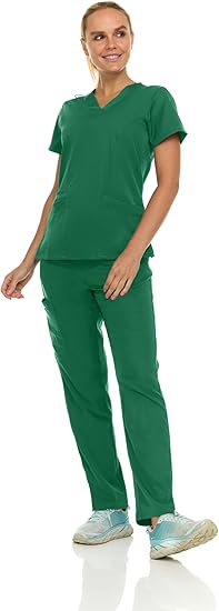 Medichic Eleanor V-Neck Top with Joelle Elastic Drawstring Cargo Pants Scrub Set - Hunter Green